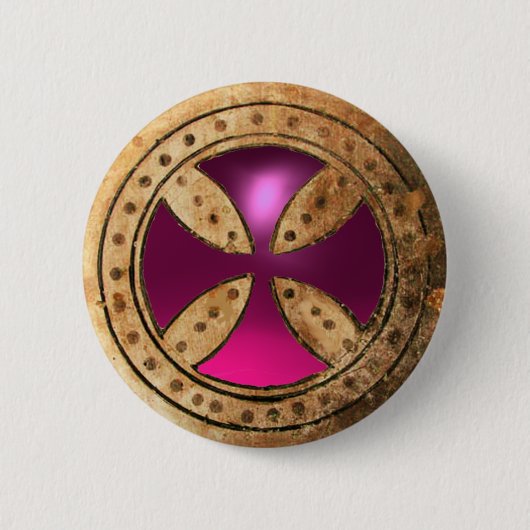 ANTIEK TEMPLAR CROSS Roze Paarse Amethyst Gem Ronde Button 5,7 Cm (Voorkant)