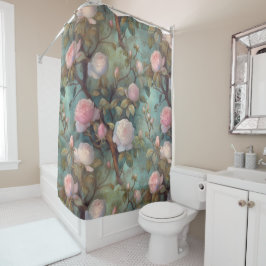 Antiek thee rozen op blauwgroen patroon douchegordijn