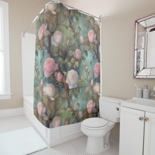 Antiek thee rozen op blauwgroen patroon douchegordijn (In situ)