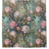 Antiek thee rozen op blauwgroen patroon douchegordijn (Voorkant)