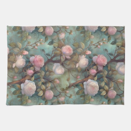 Antiek thee rozen op blauwgroen patroon theedoek (Horizontaal)