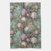 Antiek thee rozen op blauwgroen patroon theedoek (Verticaal)