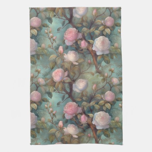 Antiek thee rozen op blauwgroen patroon theedoek (Verticaal)