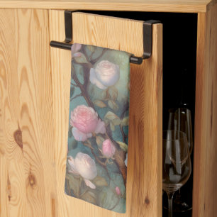 Antiek thee rozen op blauwgroen patroon theedoek