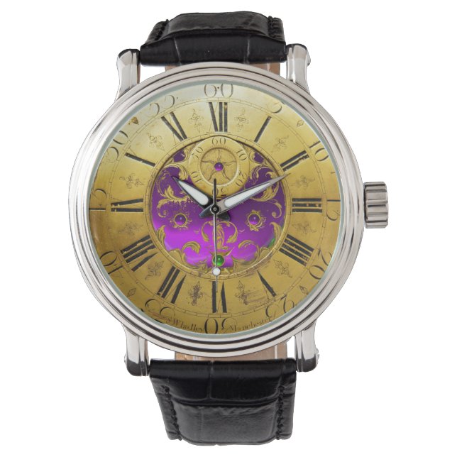 ANTIEK TIJD Paarse Amethyst-stenen, goudgeel Horloge (Voorkant)