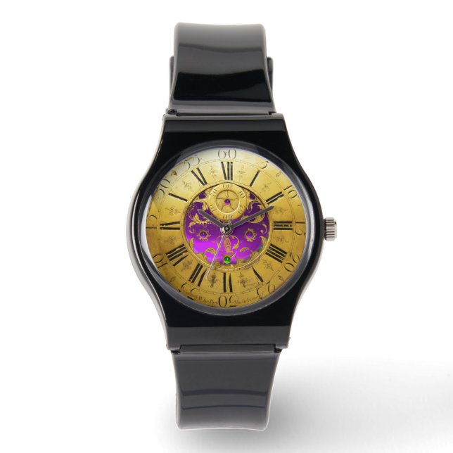 ANTIEK TIJD Paarse Amethyst-stenen, goudgeel Horloge (Voorkant)