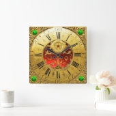 Antiek tijd, Shamrocks, Ruby Gemstenen, Gold Yello Vierkante Klok (Huis)