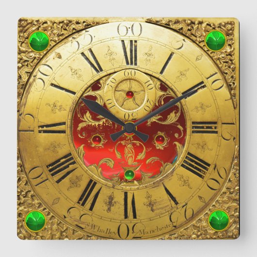Antiek tijd, Shamrocks, Ruby Gemstenen, Gold Yello Vierkante Klok (Voorkant)