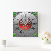 Antiek tijd, Shamrocks, Ruby Gemstone Silver Vierkante Klok (Huis)