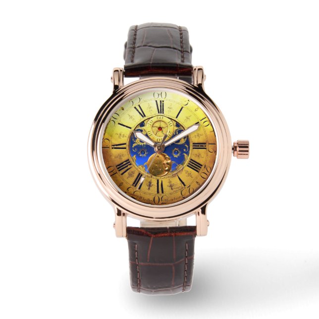ANTIEK TIJD, zon, maan en sterren, blauw goudgeel Horloge (Voorkant)