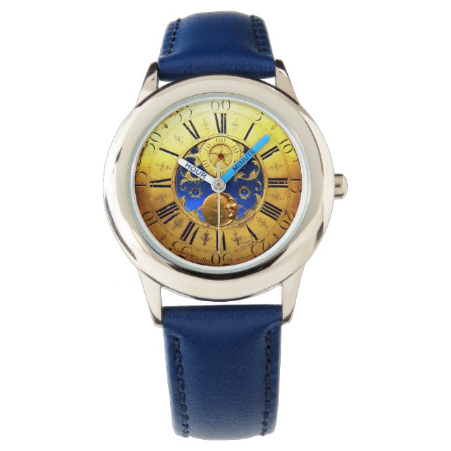 ANTIEK TIJD, zon, maan en sterren, blauw goudgeel Horloge (Voorkant)