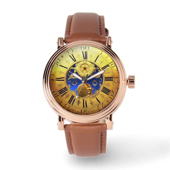 ANTIEK TIJD, zon, maan en sterren, blauw goudgeel Horloge (Voorkant)