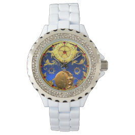 ANTIEK TIJD, zon, maan en sterren, blauw goudgeel Horloge