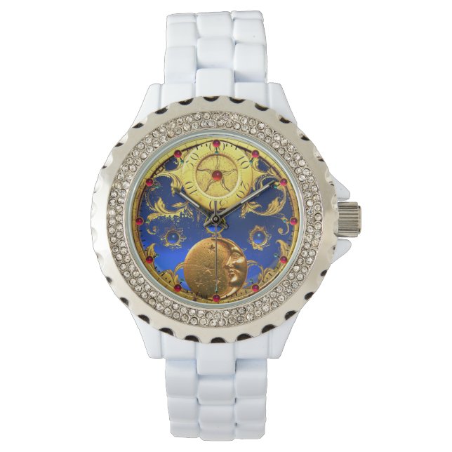 ANTIEK TIJD, zon, maan en sterren, blauw goudgeel Horloge (Voorkant)