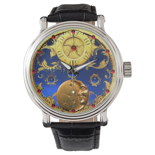 ANTIEK TIJD, zon, maan en sterren, blauw goudgeel Horloge (Voorkant)