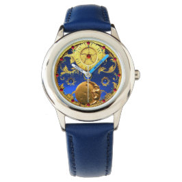 ANTIEK TIJD, zon, maan en sterren, blauw goudgeel Horloge