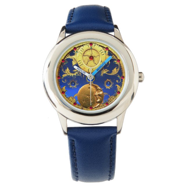 ANTIEK TIJD, zon, maan en sterren, blauw goudgeel Horloge (Voorkant)