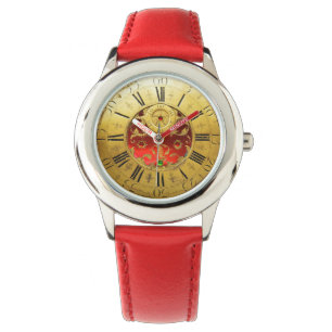 ANTIEK TIME Red Ruby Gemstenen, goudgeel Horloge