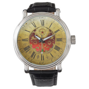 ANTIEK TIME Red Ruby Gemstenen, goudgeel Horloge