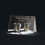 Antiek Tin Cups Brother Happy Birthday Kaart<br><div class="desc">Een paar antiek tinkopjes zitten op de ruwe planken van een oude tafel in de kazerne van een vroege 19e-eeuwse fort in Missouri. Deze foto wordt gemaakt in een waterverf stijl.</div>