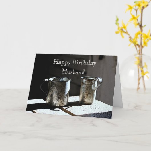 Antiek Tin Cups Man Happy Birthday Kaart (Gele Bloem)