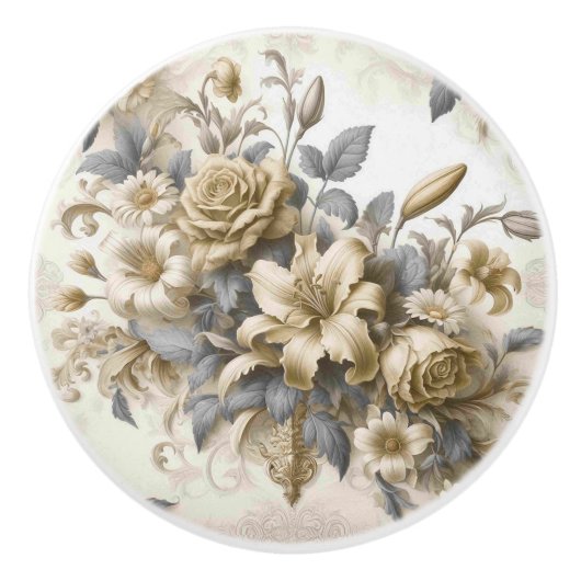 Antiek Tinge Yellow Floral Perfection Keramische Knop (Voorkant)