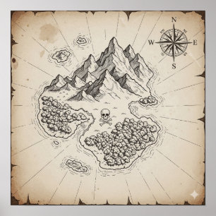 Antiek Treasure Island kaart Poster