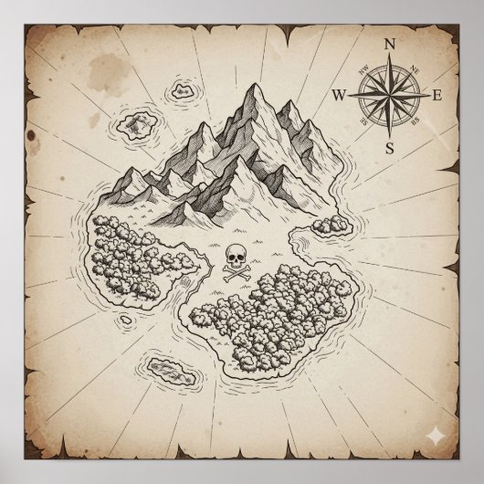 Antiek Treasure Island kaart Poster (Voorkant)