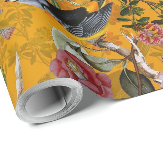 Antiek tropische bloem en oerwoud van vogels op ge cadeaupapier (Rol Hoek)