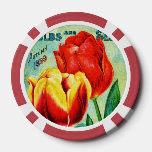 Antiek tuin reclame, geel rode tulpen poker chips (Achterkant)