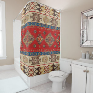  Antiek Turks Bord Goud Rood Kilim Tapijt Douchegordijn
