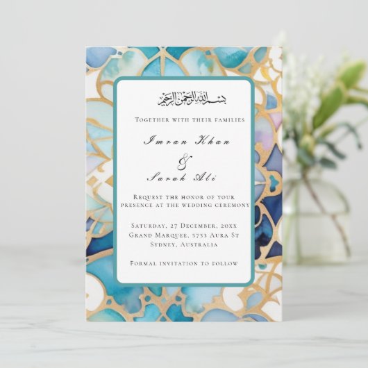 Antiek Turquoise arabesque moslim trouwkaart Save The Date (Staand voorkant)