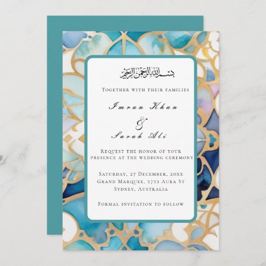 Antiek Turquoise arabesque moslim trouwkaart Save The Date (Voorkant / Achterkant)
