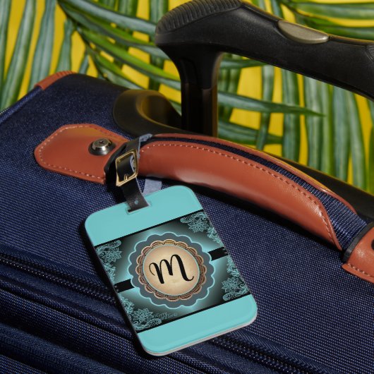 Antiek Turquoise Lace Monogram Bagagelabel (Voorkant Insitu 1)