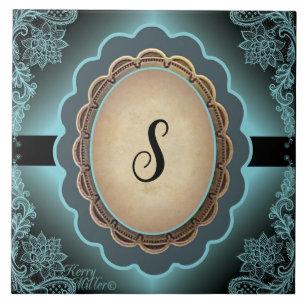 Antiek Turquoise Lace Monogram Ceramische Tegel Tegeltje