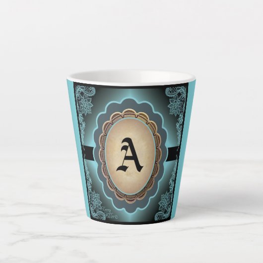 Antiek Turquoise Lace Monogram Latte Mok (Voorkant)