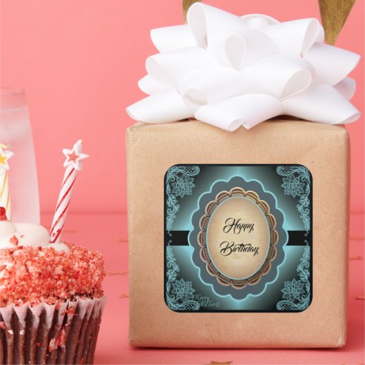 Antiek Turquoise Lace Monogram Sticker (Feest)