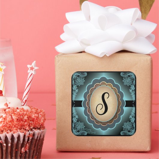 Antiek Turquoise Lace Monogram Sticker (Feest)