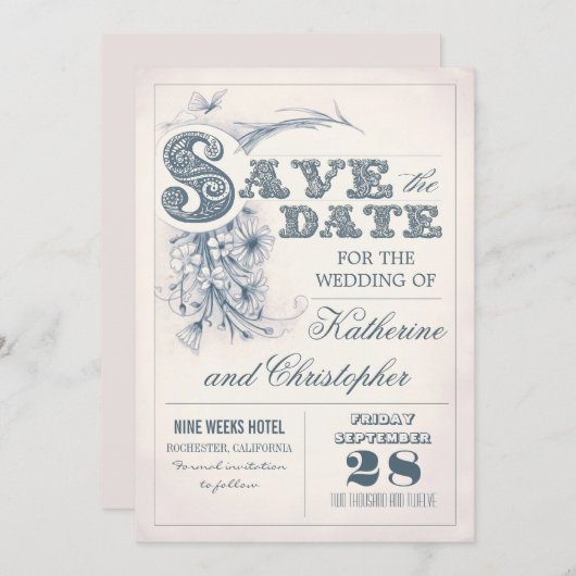 antiek typografie Sla het datumontwerp op Save The Date (Voorkant / Achterkant)