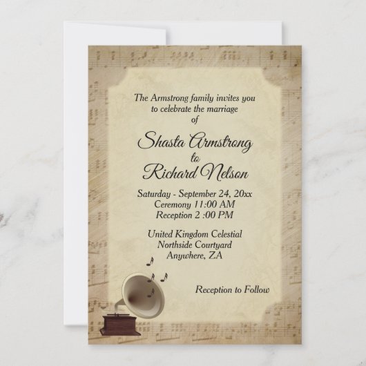 Antiek uitnodiging voor het thema Muziekweddenscha (Voorkant)