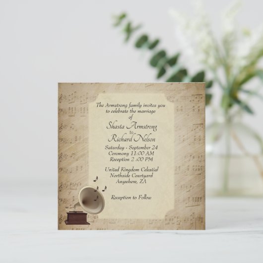 Antiek uitnodiging voor het thema Muziekweddenscha (Staand voorkant)