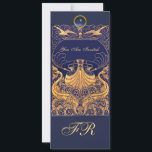 Antiek vaartuig, dolfijnen, geel, marineblauw mono kaart<br><div class="desc">Elegante,  klassieke vintage-zeevaartstijl met een heldere 3D edelsteen plaats uw eigen tekst als aankondigingskaart / plaatskaarten / save-the-date-kaarten / dankjewel-kaarten / ,  bruidsfeesten,  verjaardagsfeesten,  feesten,  verlovingsfeesten,  of gewoon voor elk willekeurig evenement!</div>