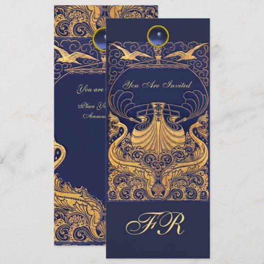 Antiek vaartuig,Dolfijnen,Geel,Navy Blue Monogram Kaart (Voorkant / Achterkant)