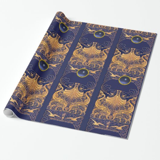 Antiek vaartuig,Dolfijnen,Gold,Navy Blue Nautical Cadeaupapier (Uitgerold)