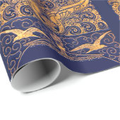 Antiek vaartuig,Dolfijnen,Gold,Navy Blue Nautical Cadeaupapier (Rol Hoek)