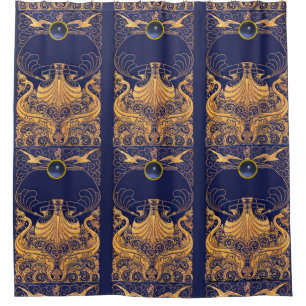 Antiek vaartuig,Dolfijnen,Gold,Navy Blue Nautical Douchegordijn