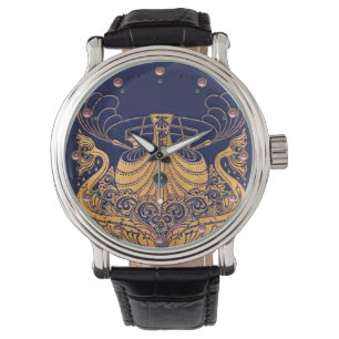Antiek vaartuig,Dolfijnen,Gold,Navy Blue Nautical Horloge