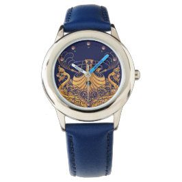 Antiek vaartuig,Dolfijnen,Gold,Navy Blue Nautical Horloge