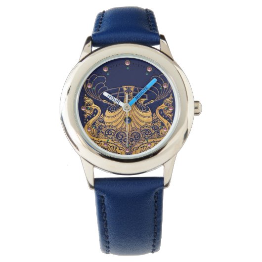 Antiek vaartuig,Dolfijnen,Gold,Navy Blue Nautical Horloge (Voorkant)