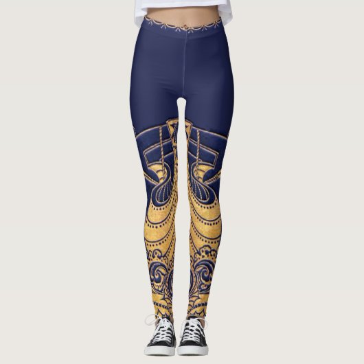 Antiek vaartuig,Dolfijnen,Gold,Navy Blue Nautical Leggings (Voorkant)